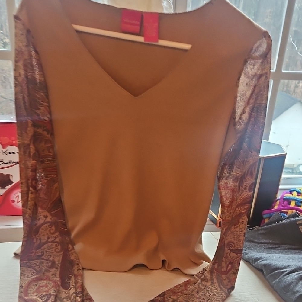 Xhilaration Tan Blouse with Paisley Sleeves